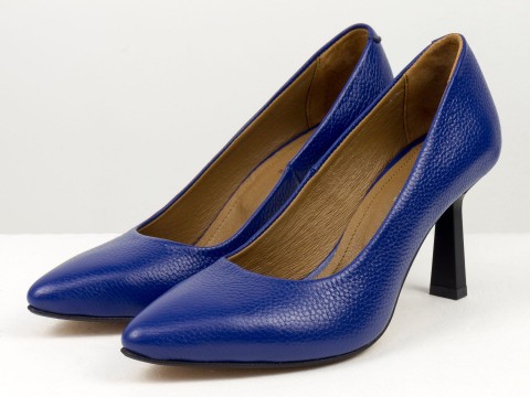 Дизайнерські сині туфлі-човники на невисокому підборі "рюмочка" з натуральної італійської шкіри флотар   , Т-2115-11
